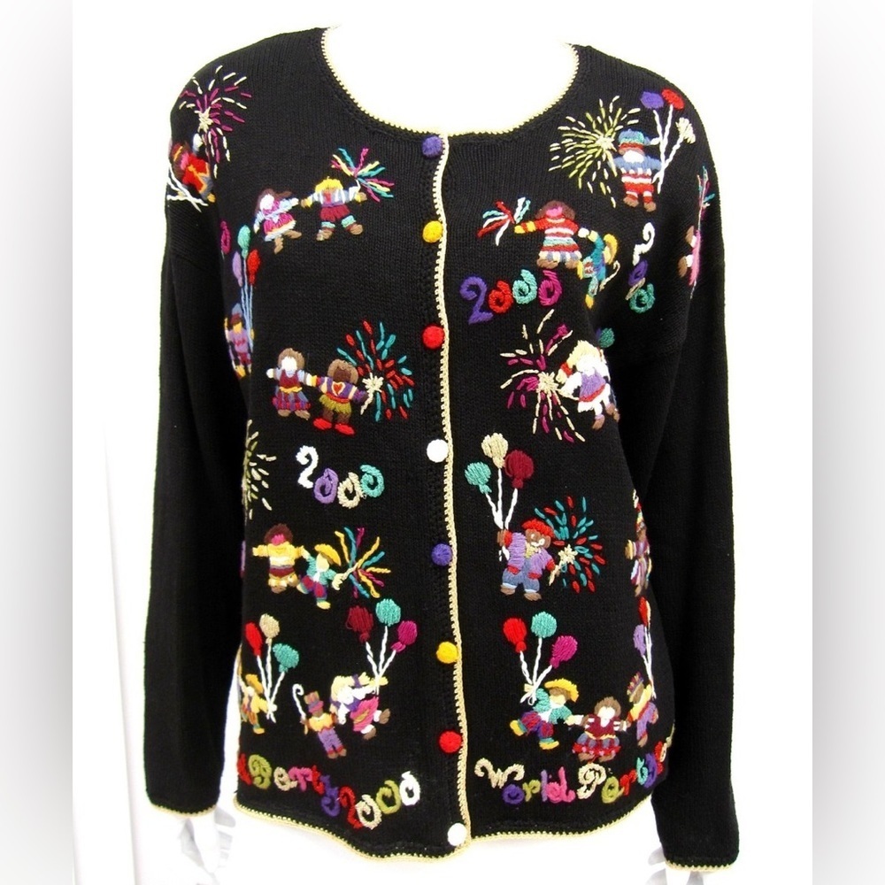Vintage Cardigan Heirloom Collectibles World Party 2000 Kidcore Novelty Granny L